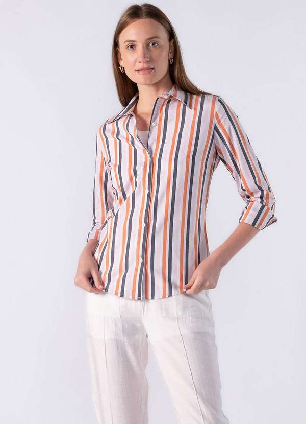 Lamis - Camisa Listrada e Fechamento Frontal Por Botões Laranja
