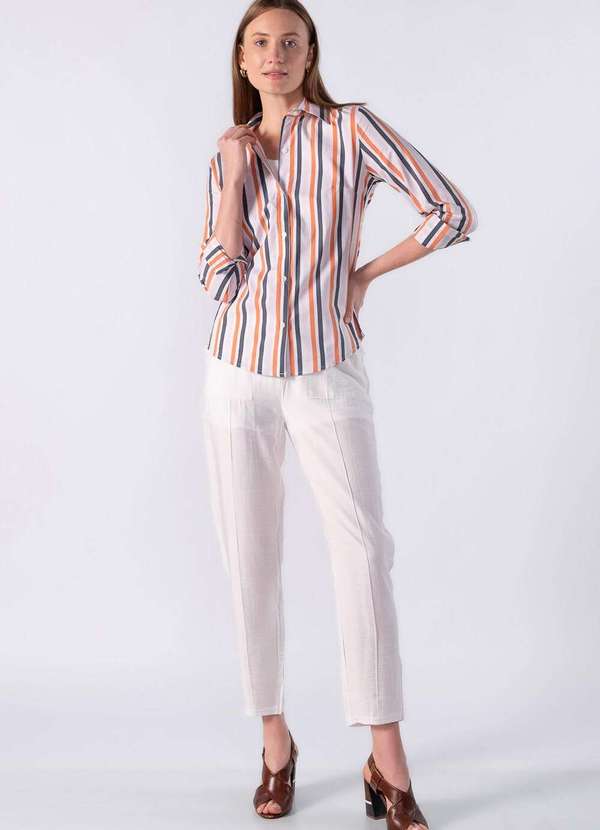 Lamis - Camisa Listrada e Fechamento Frontal Por Botões Laranja 2