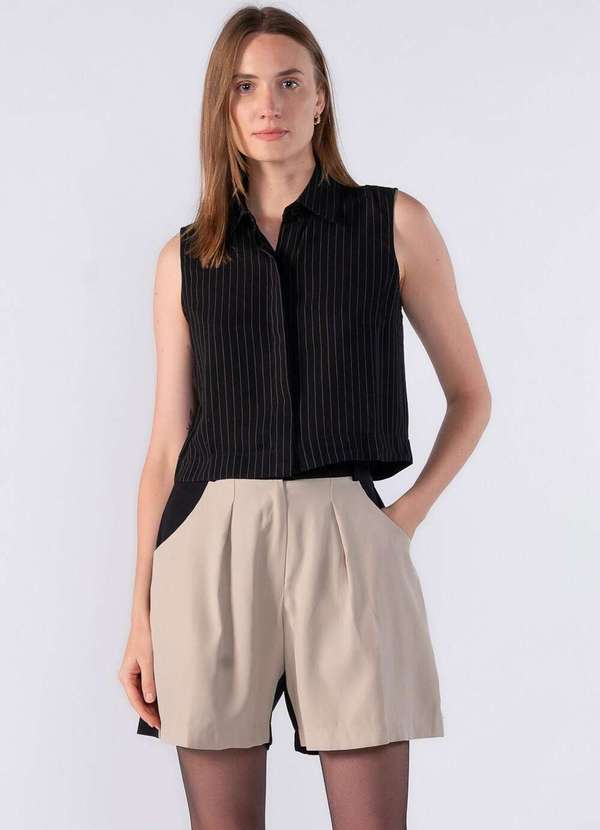 Lamis - Camisa Regata Curta Risca de Giz Preto