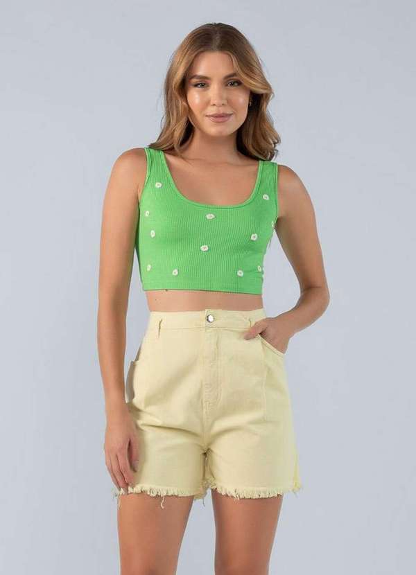 Conjunto Cropped e Top Canelado Bordado Verde Lamis