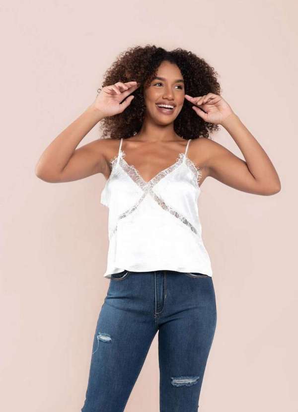 Lamis - Cropped Cetim Detalhe em Renda Branco