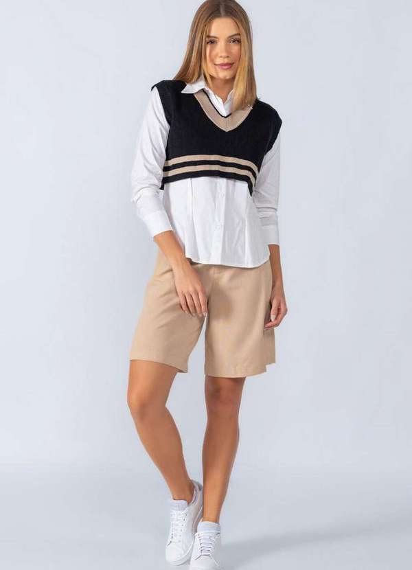 Lamis - Cropped Colete em Tricot com Listra Preto