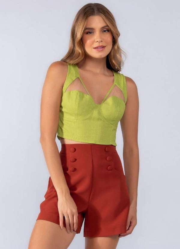 Lamis - Cropped em Linho Recorte em Tule Verde 2