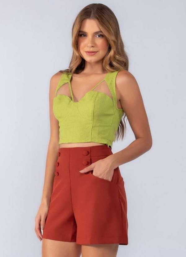 Lamis - Cropped em Linho Recorte em Tule Verde 3