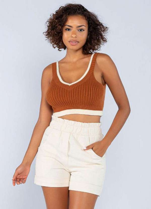 Lamis - Cropped em Tricot Bicolor Marrom 3