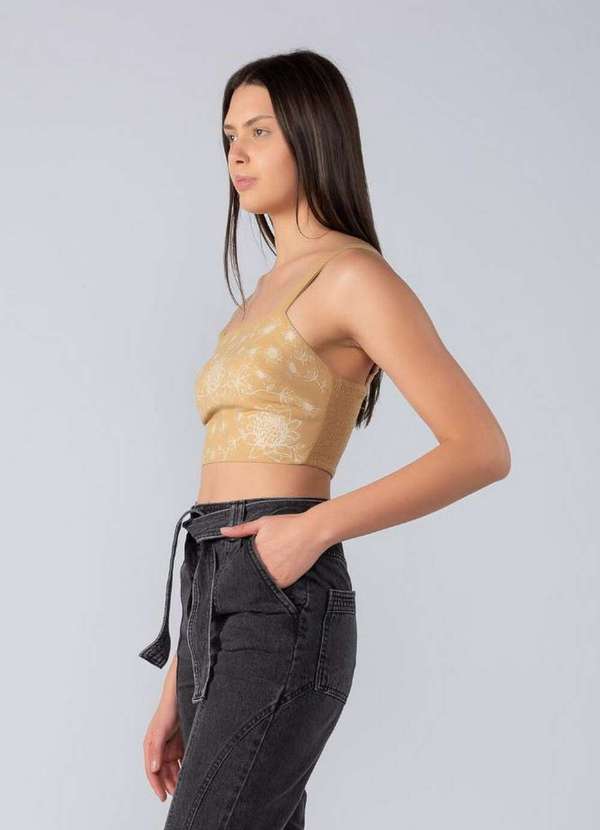 Lamis - Cropped Flor Viscolinho Ziper Costas Caqui