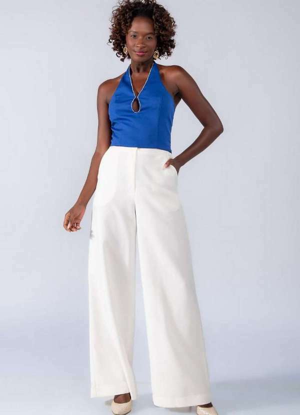 Lamis - Cropped Frente Unica com Straas na Gola Azul Royal