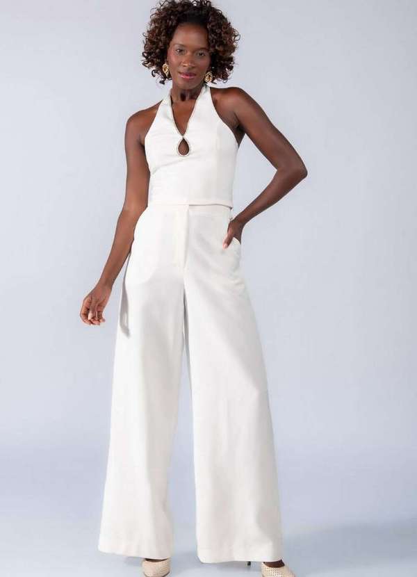 Lamis - Cropped Frente Unica com Straas na Gola Off White