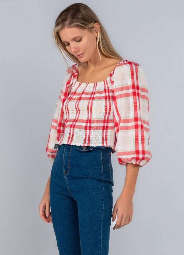 Lamis - Cropped Lastex Ciganinha Manga Bufante Vermelho