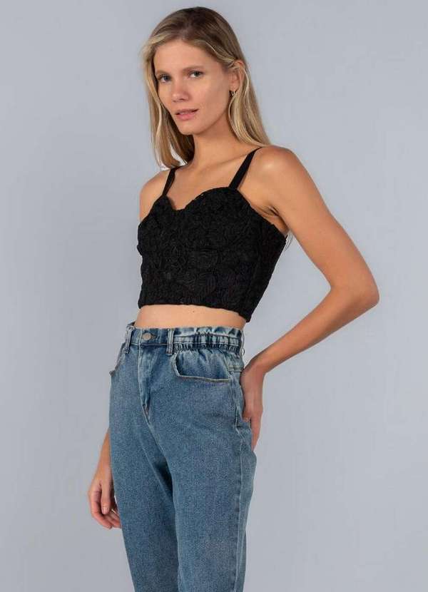 Lamis - Cropped Renda Bordada Preto