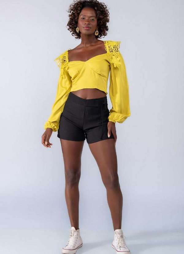 Lamis - Cropped Viscose Detalhe Guippir Amarelo