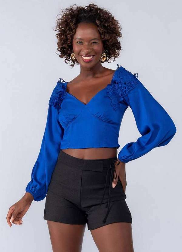 Lamis - Cropped Viscose Detalhe Guippir Azul Royal