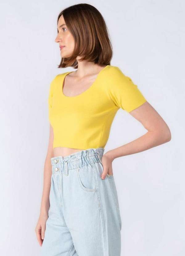 Lamis - Cropped Viscose Manga Curta Tricot Amarelo