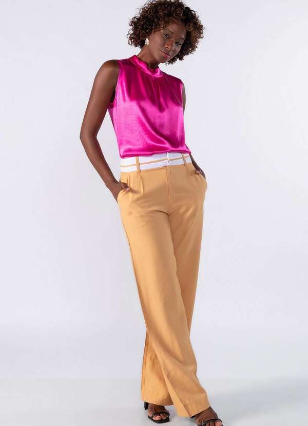 Lamis - Regata Gola Alta Cetim com Pregas no Decote Rosa 2