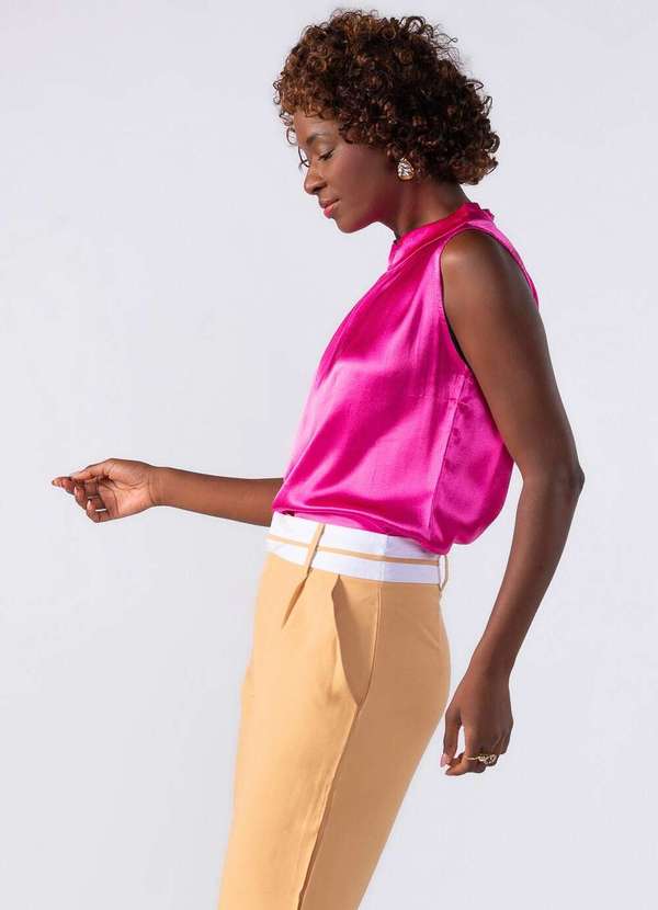 Lamis - Regata Gola Alta Cetim com Pregas no Decote Rosa 3