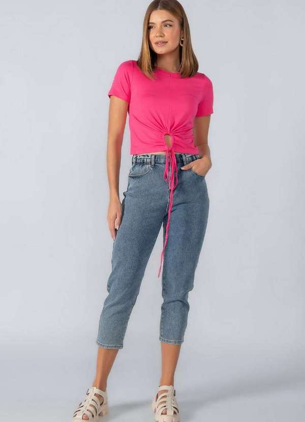 Lamis - T-Shirt em Viscose Detalhe na Barra Rosa