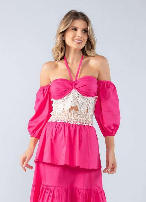 Lamis - Top Cropped Algodao Detalhe em Renda Pink