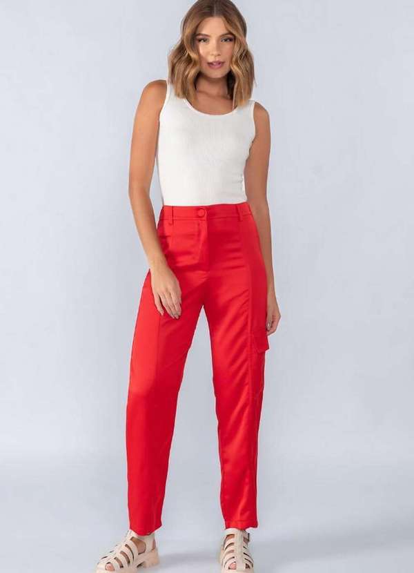 Lamis - Calça Acetinada Bolso Lateral Vermelho
