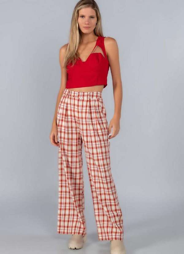 Lamis - Calca Alfaiataria em Algodão Xadrez Vermelho
