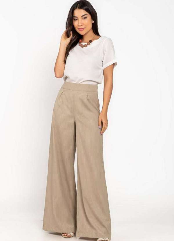 Lamis - Calca Alfaiataria Pantalona Risca de Giz Bege