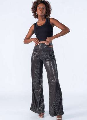 Calca Brilho Pantalona Cos Duplo Preto Lamis