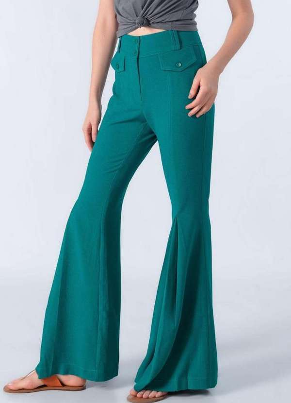 Lamis - Calca Flare Crepe Bolso Fake Verde 3