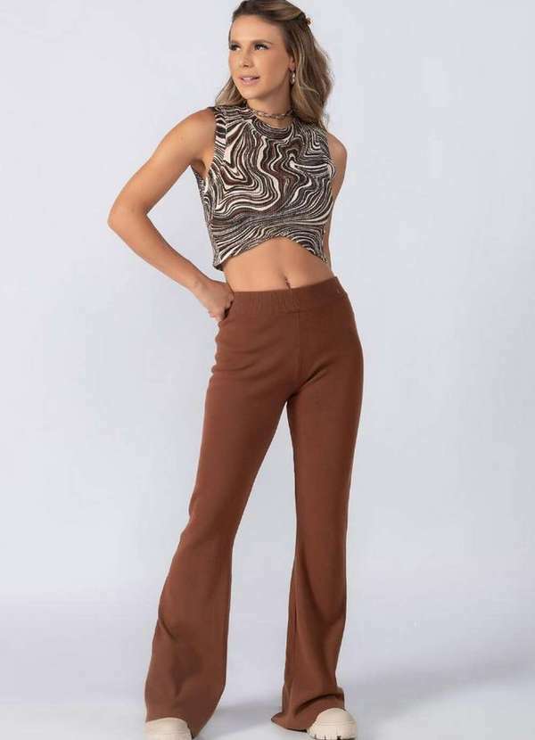 Lamis - Calca Flare em Tricot Lisa Elastico Cos Marrom