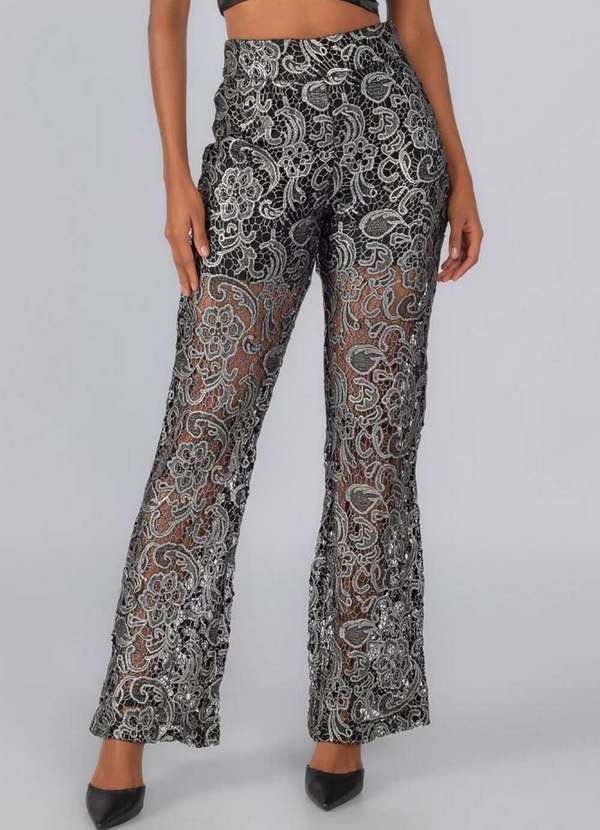 Lamis - Calça Flare Guipir Metalizada com Zíper na Lateral Preto