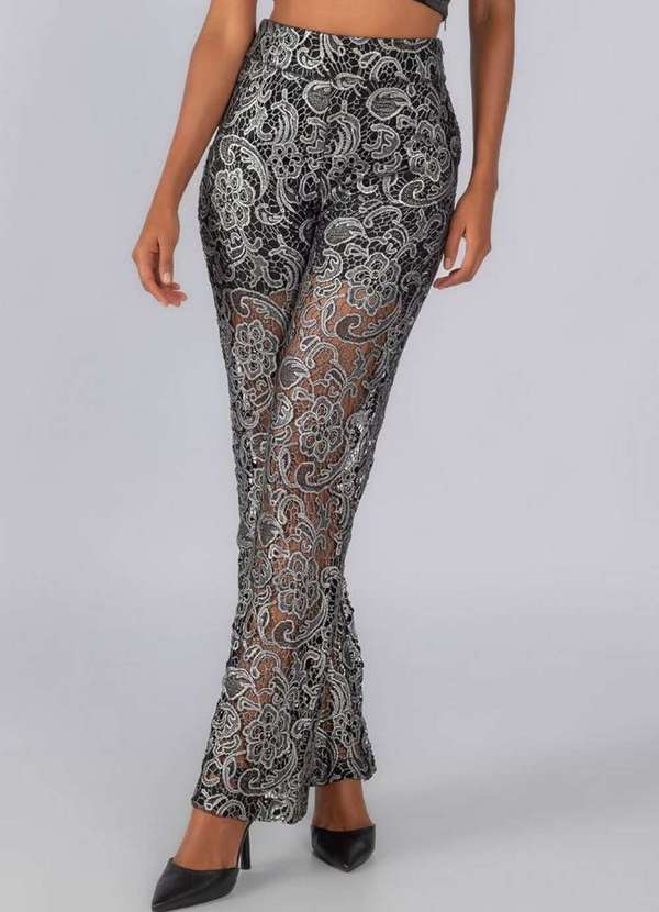 Lamis - Calça Flare Guipir Metalizada com Zíper na Lateral Preto 2