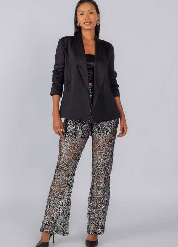 Lamis - Calça Flare Guipir Metalizada com Zíper na Lateral Preto 4