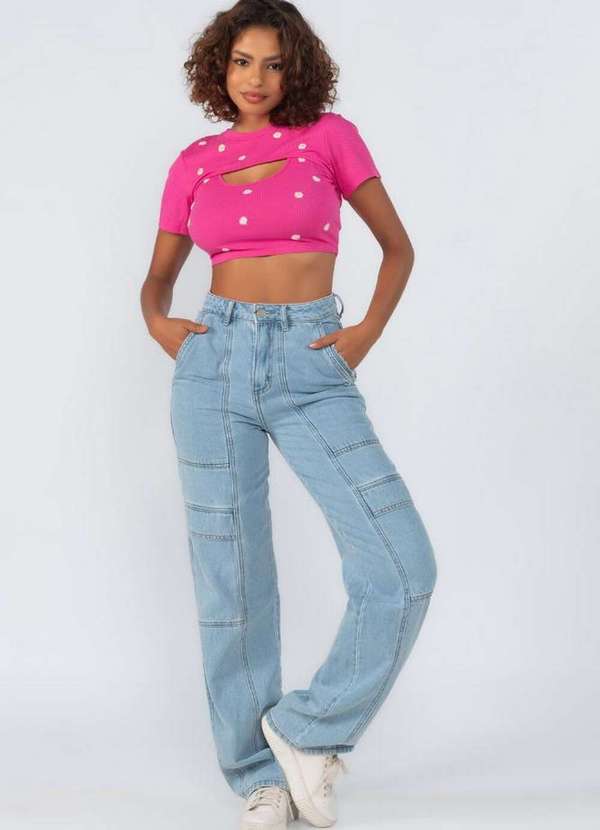 Lamis - Calca Jeans Cargo Bolsos e Nervura Azul Claro