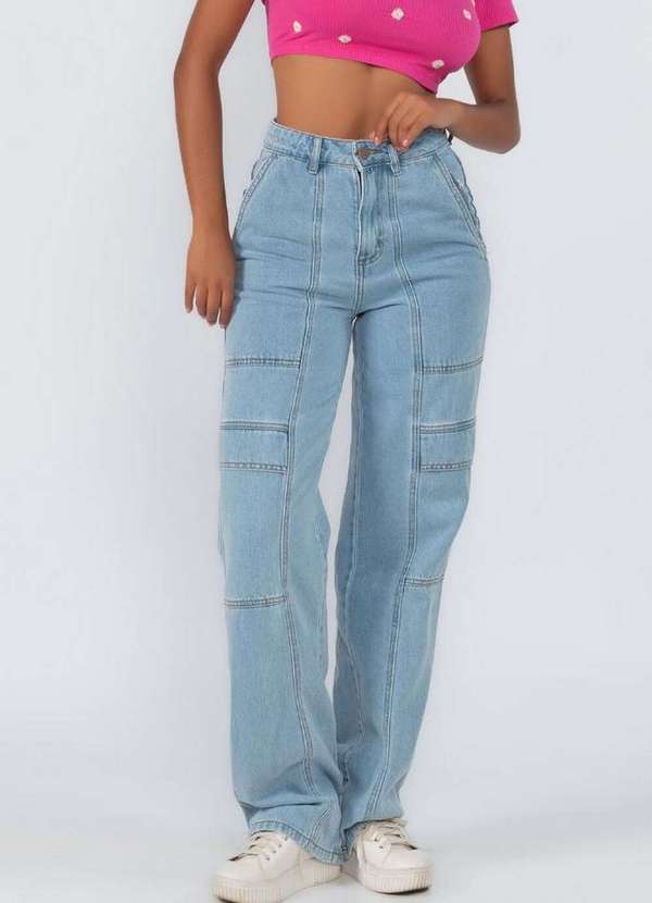 Lamis - Calca Jeans Cargo Bolsos e Nervura Azul Claro 2
