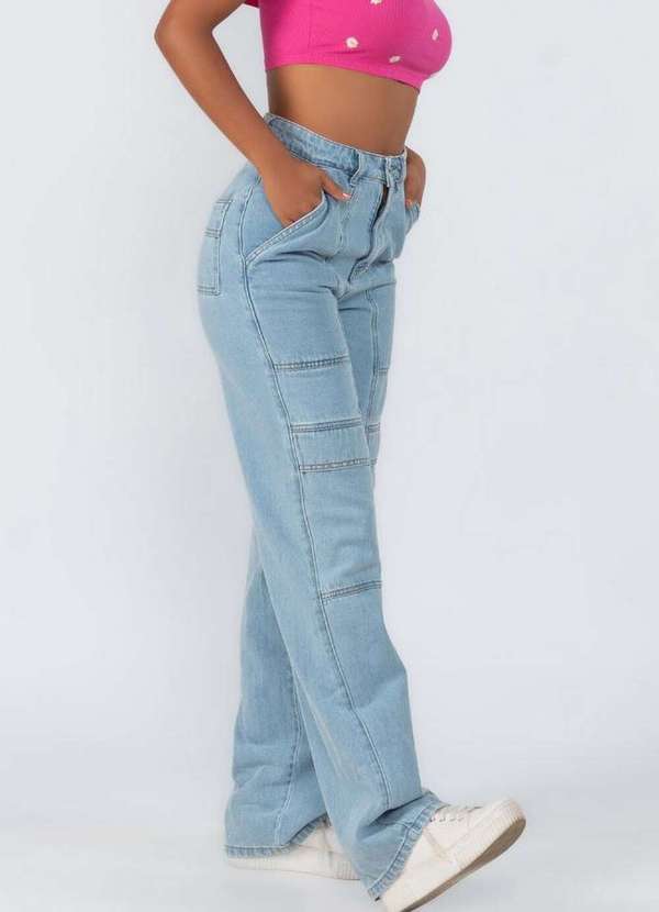 Lamis - Calca Jeans Cargo Bolsos e Nervura Azul Claro 3