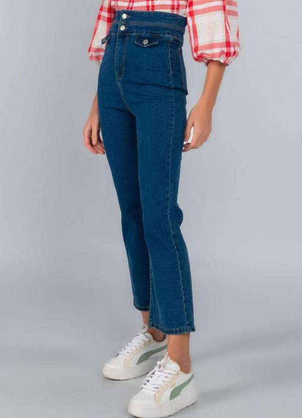 Lamis - Calca Jeans Flare Cos Duplo Cintura Alta Azul