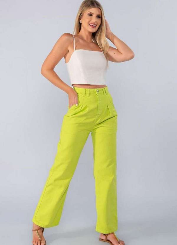 Calca Jeans Pantalona Color com Pinca Verde Claro Lamis