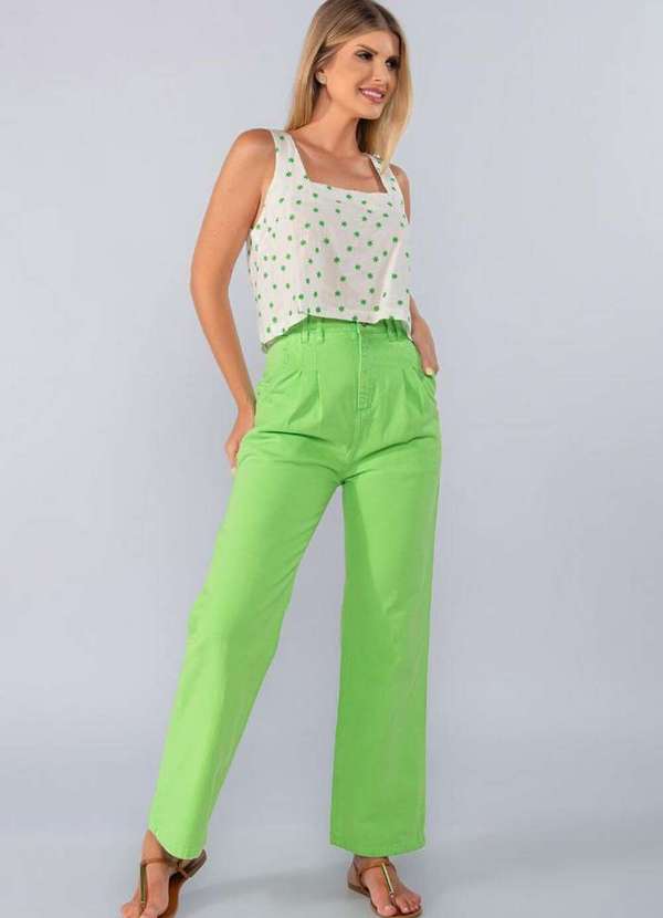 Lamis - Calca Jeans Pantalona Color com Pinca Verde