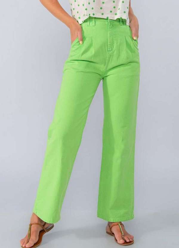 Lamis - Calca Jeans Pantalona Color com Pinca Verde 2