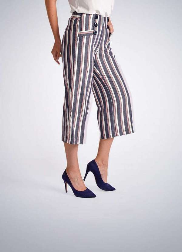 Lamis - Calca Pantacourt em Linho Listrada com Botoes Azul 2