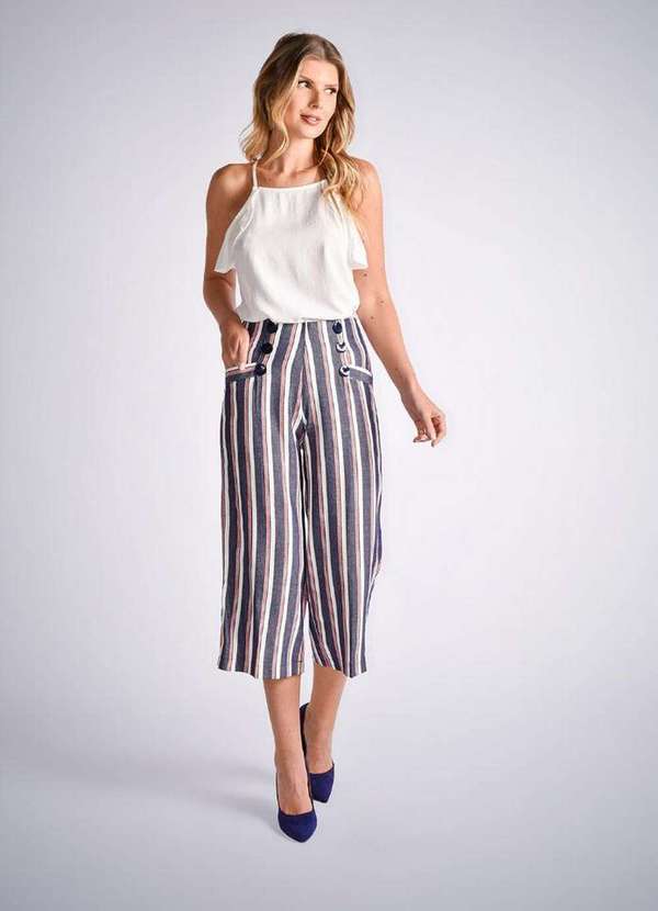 Lamis - Calca Pantacourt em Linho Listrada com Botoes Azul 3