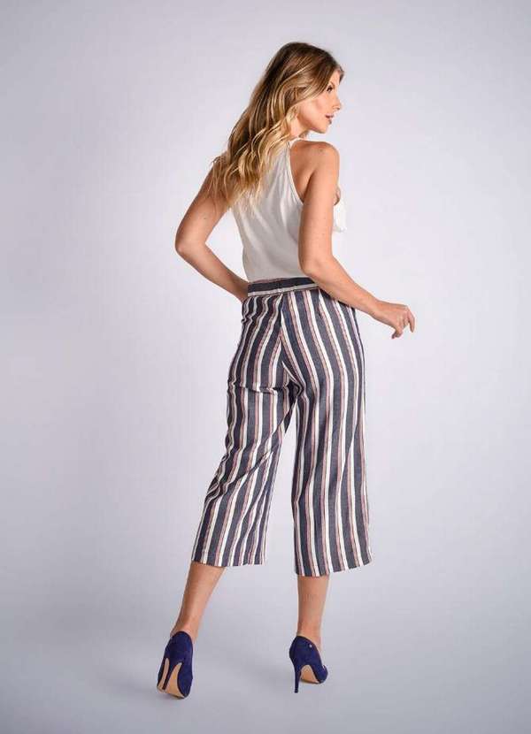 Lamis - Calca Pantacourt em Linho Listrada com Botoes Azul 4