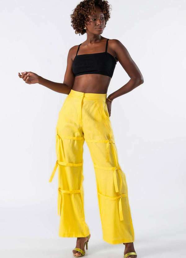 Lamis - Calca Pantalona com Detalhe na Lateral Amarelo