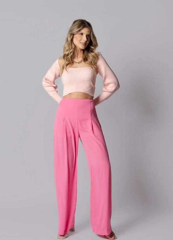 Lamis - Calca Pantalona em Crepe com Pregas Frente Rosa