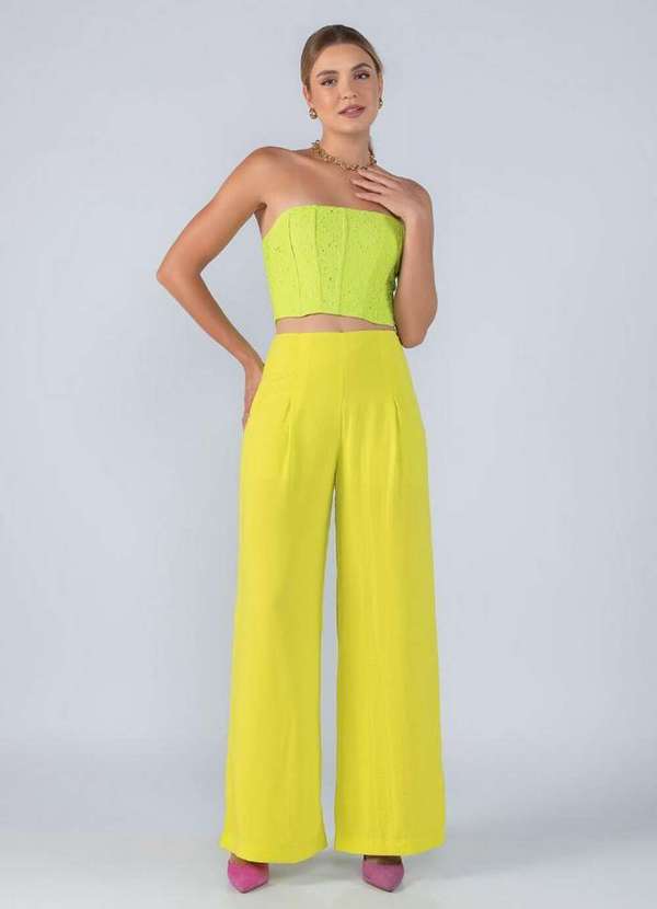 Lamis - Calca Pantalona em Crepe com Pregas Frente Verde Neon 4