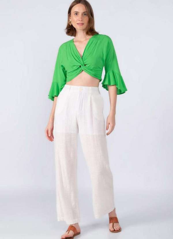 Lamis - Calca Pantalona em Linho com Pregas Off White