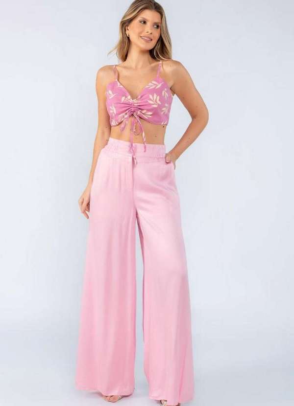 Lamis - Calca Pantalona em Viscose com Fendas Laterais Rosa Bebe