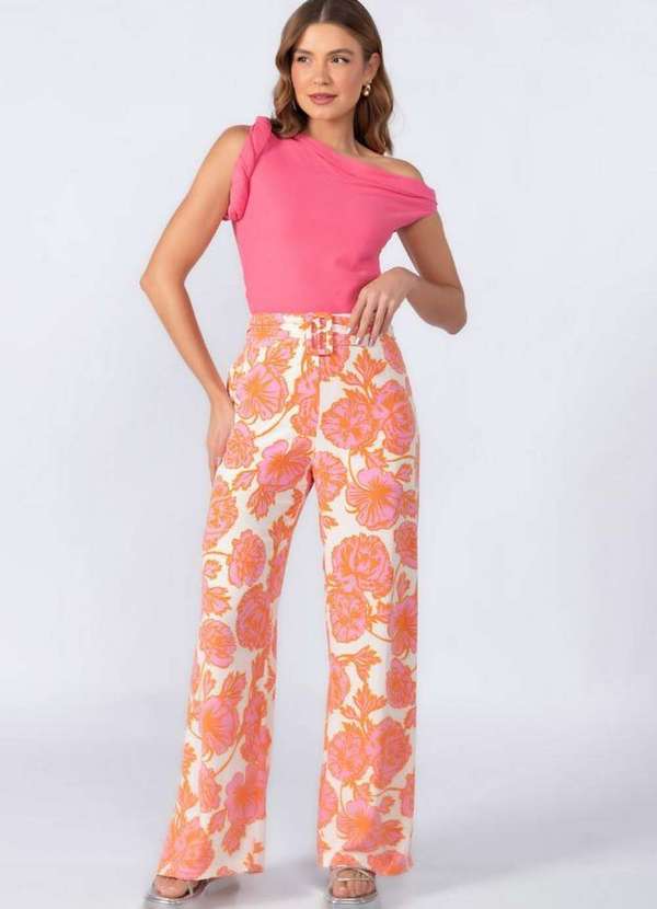 Lamis - Calca Pantalona em Viscose com Ziper Rosa