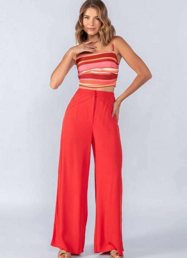 Lamis - Calca Pantalona em Viscose Nervuras Vermelho
