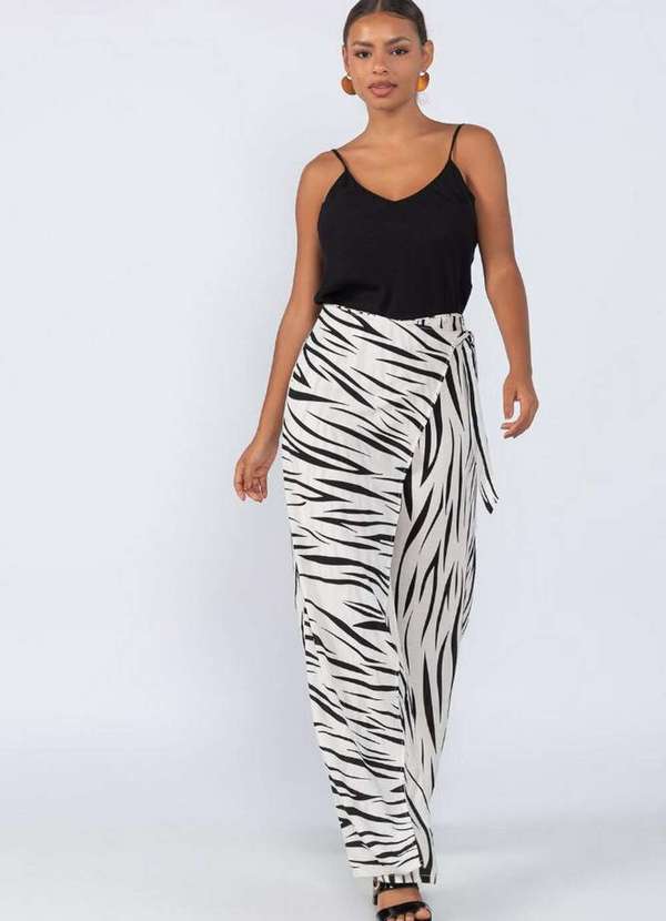 Lamis - Calca Pantalona Envelope em Viscose Animal Print Off White