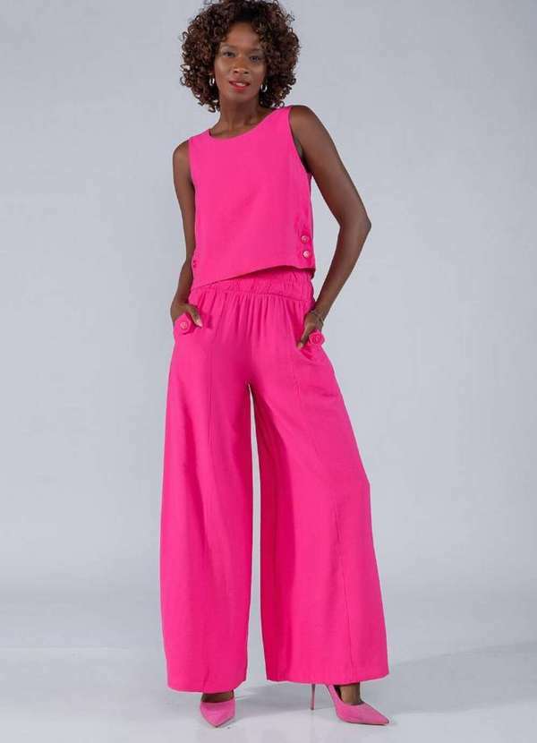 Lamis - Calca Pantalona Linho Nervura Elastico Cintura Pink