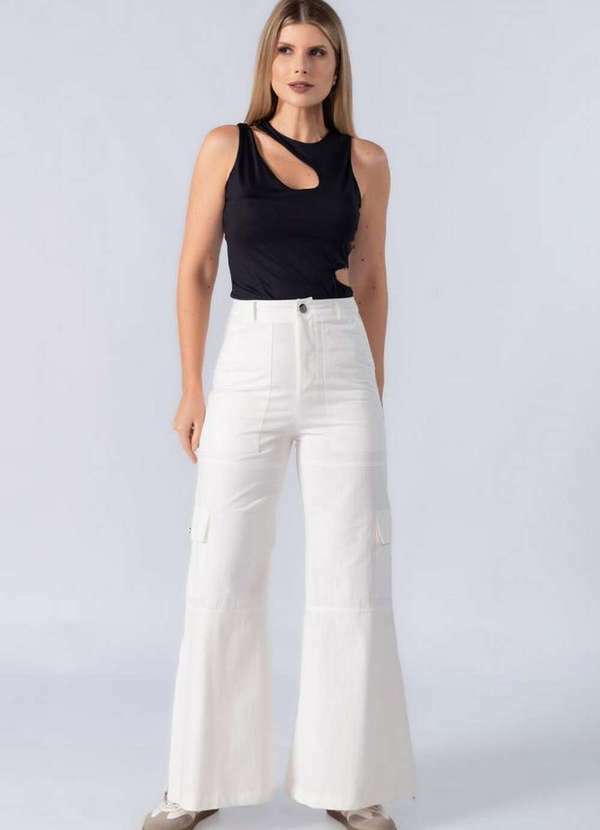 Lamis - Calca Pantalona Sarja Ziper Perna Branco